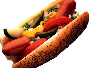 Chicago dog on a poppy seed bun